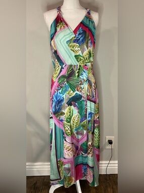 ZARA Women’s Satin Midi Strappy Dress Multicolored Tropical Hawaiian Sz XL NWT